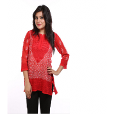 Ada Hand Embroidered Extra Small Red Faux Georgette Chikankari Top